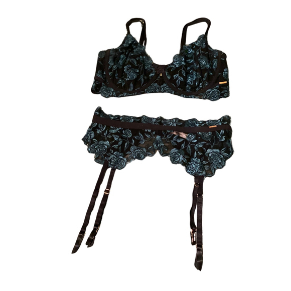 La Vie En Rose Lingerie Set Teal Black Lace Sheer Sexy Forest Green Goth 36C - Picture 1 of 12